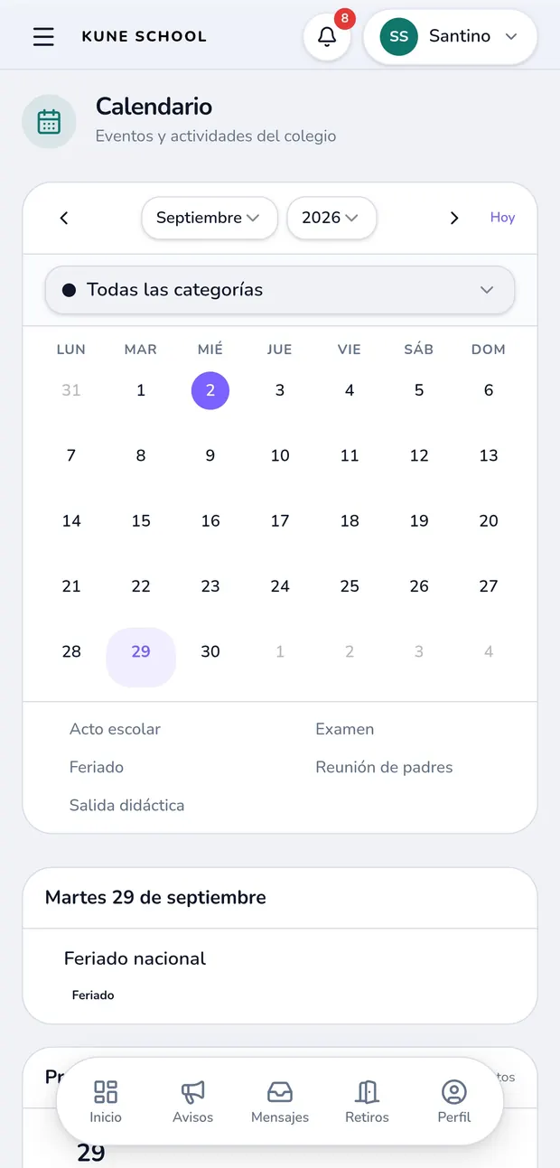 Calendario mensual de septiembre de 2026 con la referencia de categorías —acto escolar, examen, feriado, reunión de padres, salida didáctica— y, debajo, el detalle del martes 29 de septiembre: feriado nacional.