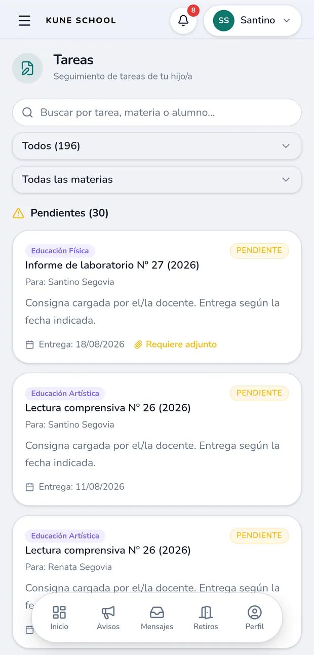 Seguimiento de tareas con treinta pendientes: un informe de laboratorio de Educación Física y dos lecturas comprensivas de Educación Artística, cada una con la materia, el hijo al que corresponde, la fecha de entrega y el aviso de que requiere adjunto.