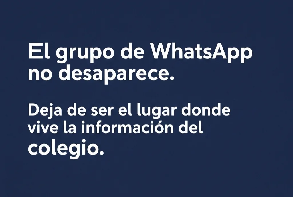 Diapositiva del producto: «El grupo de WhatsApp no desaparece. Deja de ser el lugar donde vive la información del colegio.»